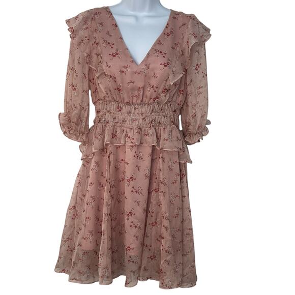 CY Fashion Blush Pink Floral Ruffle Boho Dress Chiffon Back Cutout Flowy Boho M - Picture 9 of 9